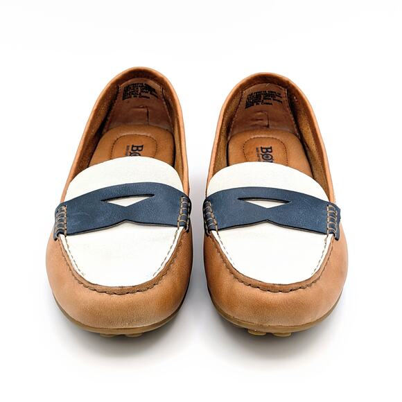 Born Malena Leather Driving Loafers Womens 7.5 Tan White Blue Chic Coastal Prep - Picture 2 of 10
